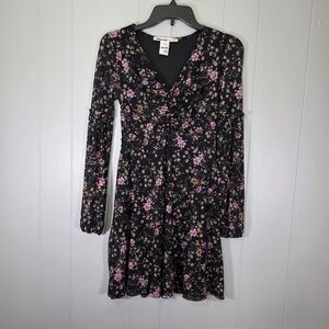 American Rag Floral Print Long Sleeve Mesh Black Dress Size XXS